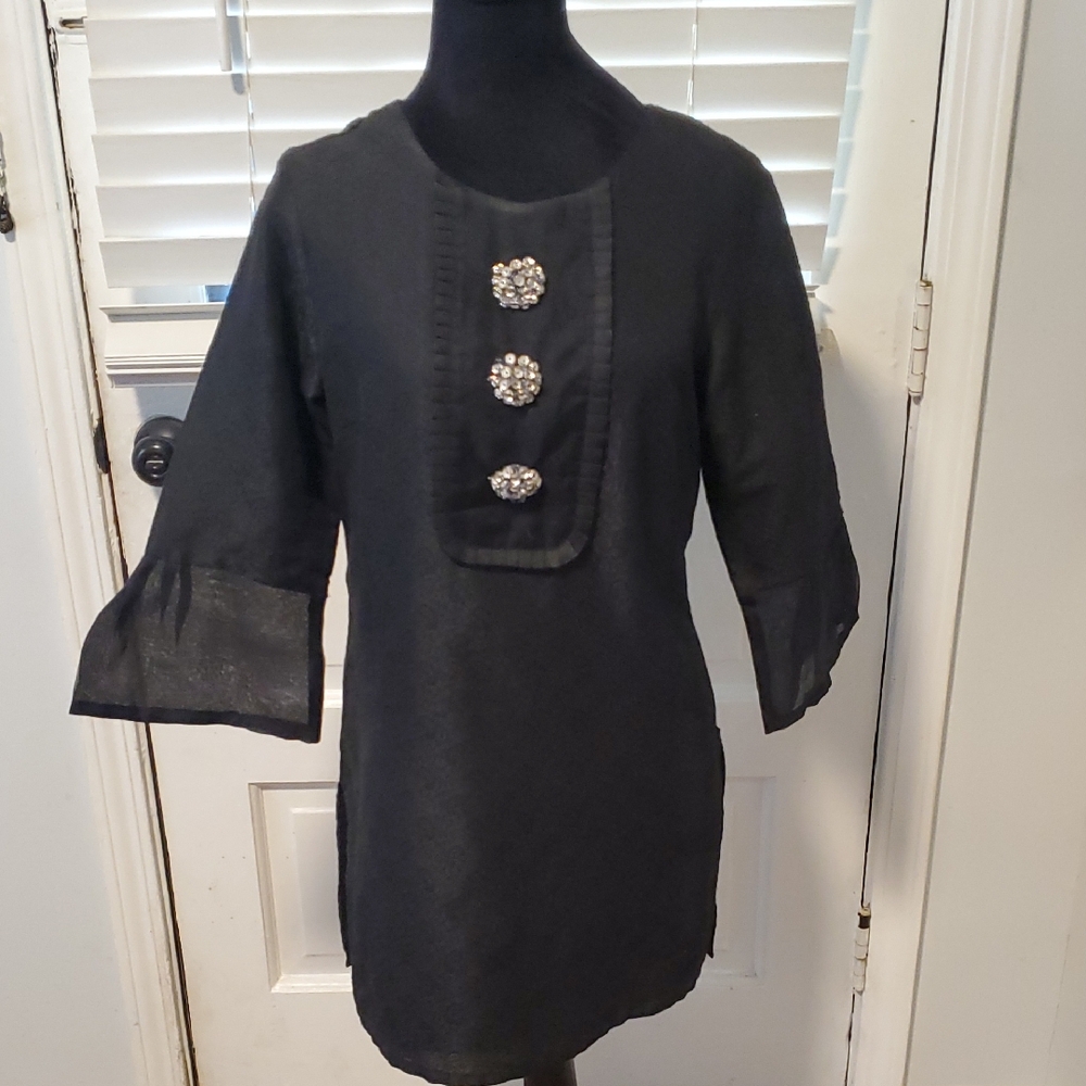 Rungolee Black Tunic with Rhinestone Brooch Accents